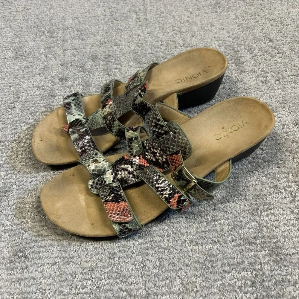 Vionic Radia Slides Sandals Womens 12 Wedge Snake Print Brown Green Comfort